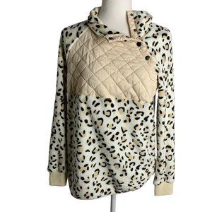 Leopard Print Fleece Pullover Sweater S White Snaps Long Sleeve High Neck